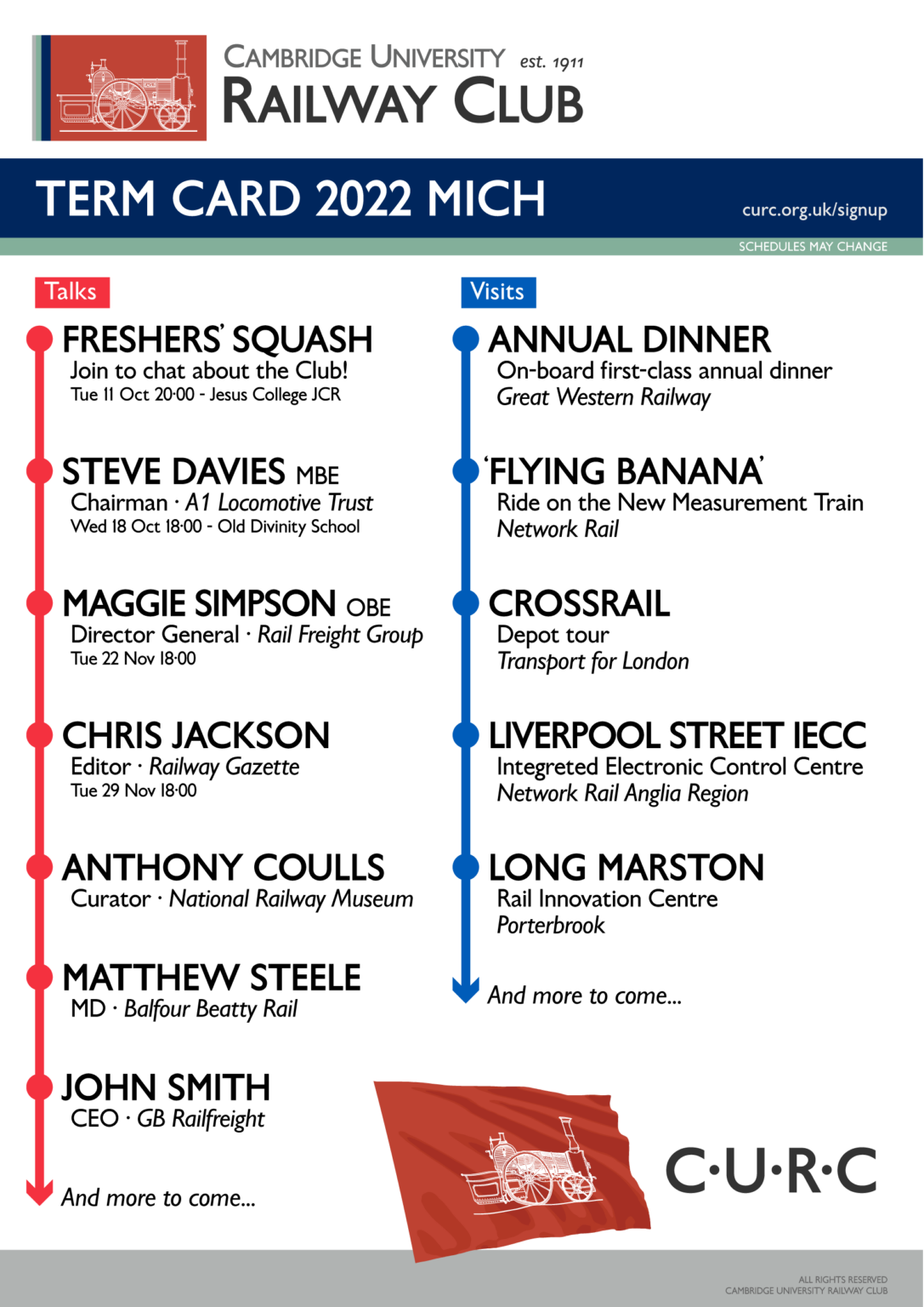 2022 Michaelmas Term Card Cambridge University Railway Club