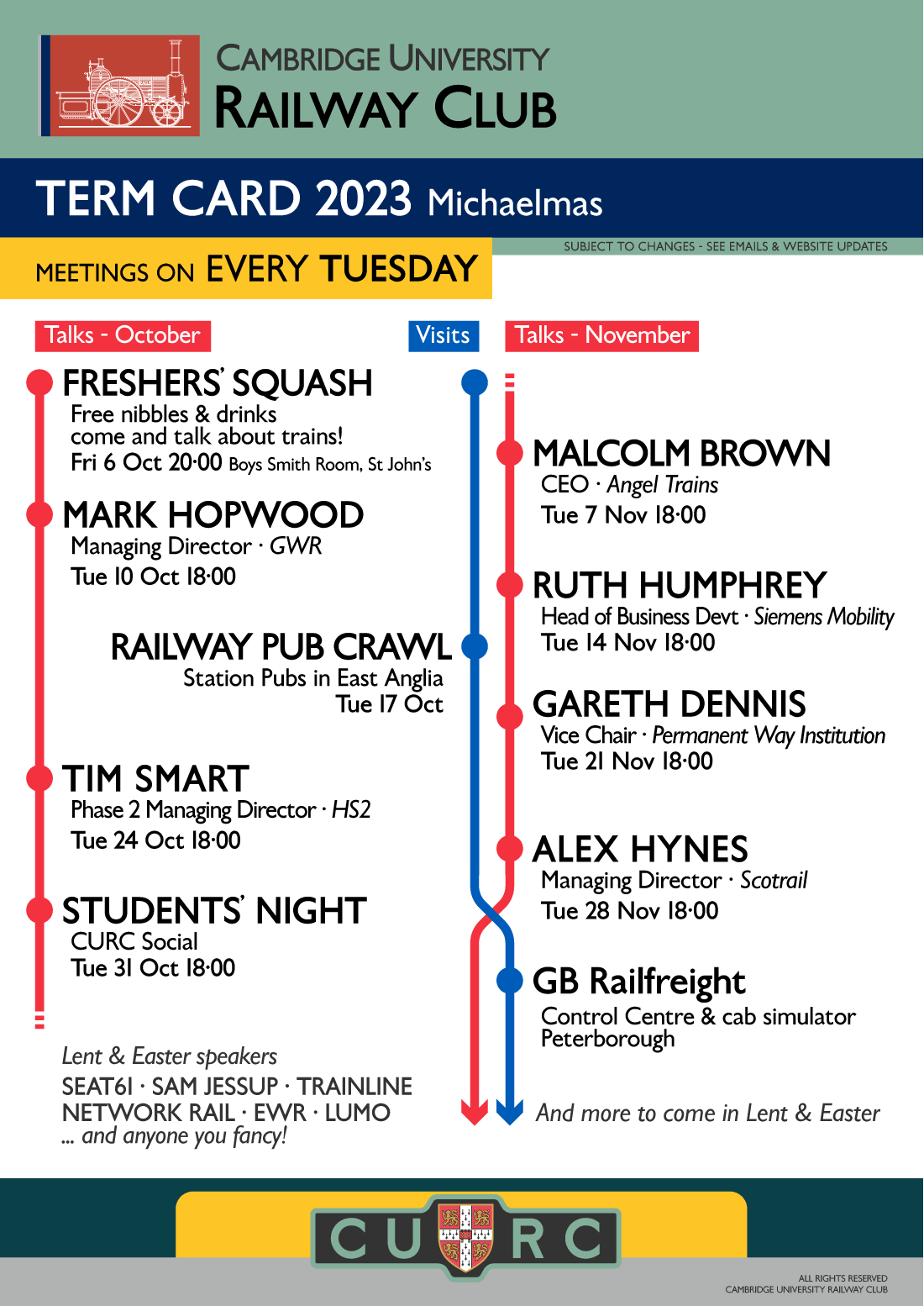 2023 Michaelmas Term Card Cambridge University Railway Club